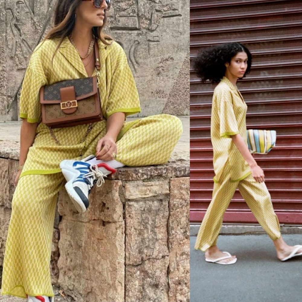 Zara Jacquard Knit Button Down Tunic Green Yellow Top and pants set size M and S